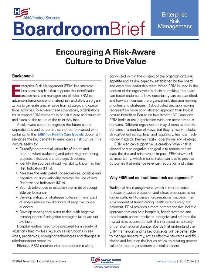 Boardroom Brief: Encouraging a Risk-Aware Culture to Drive Value page 1.